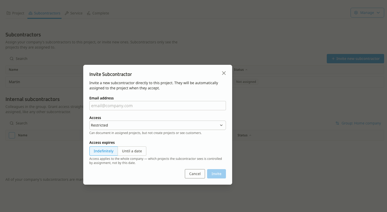 The Subcontractors tab in a Digilog project, with the invite dialog open: email address, access level and when the access expires.